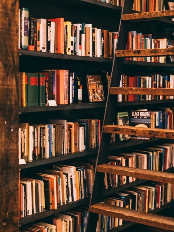 Bookshelves loaded with hundreds of books